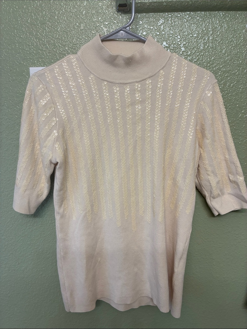 Alfani Cream Sequin Stripe Mock Neck Short Sleeve Top